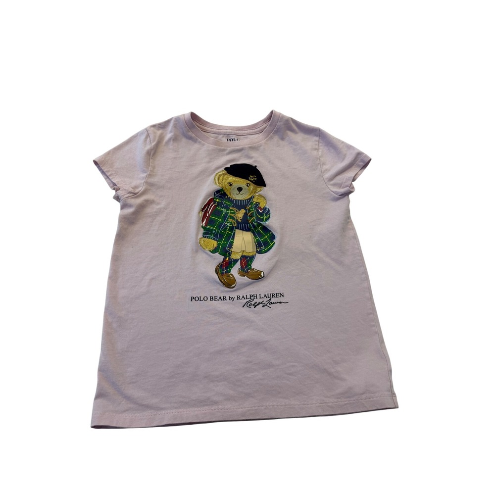 Polo Ralph Lauren Girls Pink Polo Bear Plaid Coat Graphic T-Shirt Size M 8-10